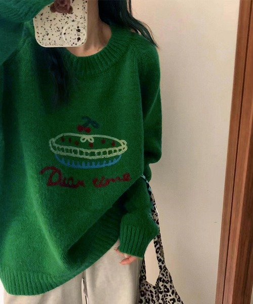 Lace Ladies(レースレディース)の「クルーネック 刺繍 オーバーサイズ ニット プルオーバー(ニット/セーター・レディース・グレー/グリーン/ブラック/アイボリー・FREE)」の11枚目の写真