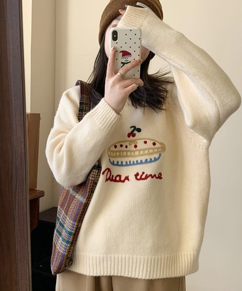 Lace Ladies(レースレディース)の「クルーネック 刺繍 オーバーサイズ ニット プルオーバー(ニット/セーター・レディース・グレー/グリーン/ブラック/アイボリー・FREE)」の13枚目の写真