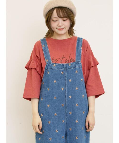 Samansa Mos2（サマンサ モスモス）の「[接触冷感]袖フリルロゴ刺繍Tシャツ（Tシャツ/カットソー・レディース・オレンジ/ダークブラウン/グリーン/グレー・F）」の4枚目の写真