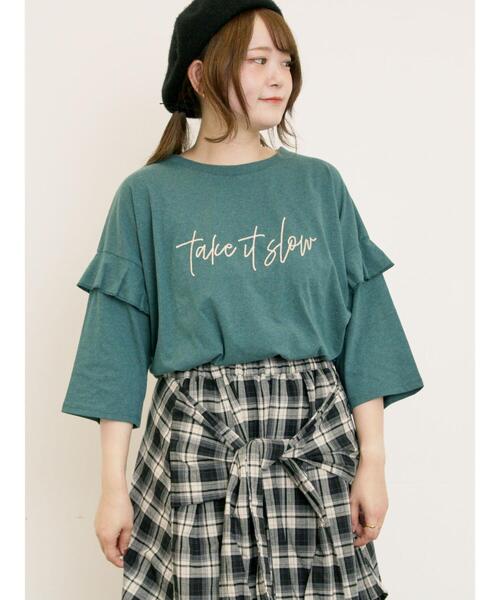 Samansa Mos2（サマンサ モスモス）の「[接触冷感]袖フリルロゴ刺繍Tシャツ（Tシャツ/カットソー・レディース・オレンジ/ダークブラウン/グリーン/グレー・F）」の3枚目の写真