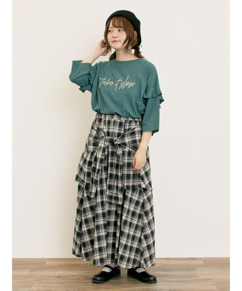 Samansa Mos2（サマンサ モスモス）の「[接触冷感]袖フリルロゴ刺繍Tシャツ（Tシャツ/カットソー・レディース・オレンジ/ダークブラウン/グリーン/グレー・F）」の6枚目の写真