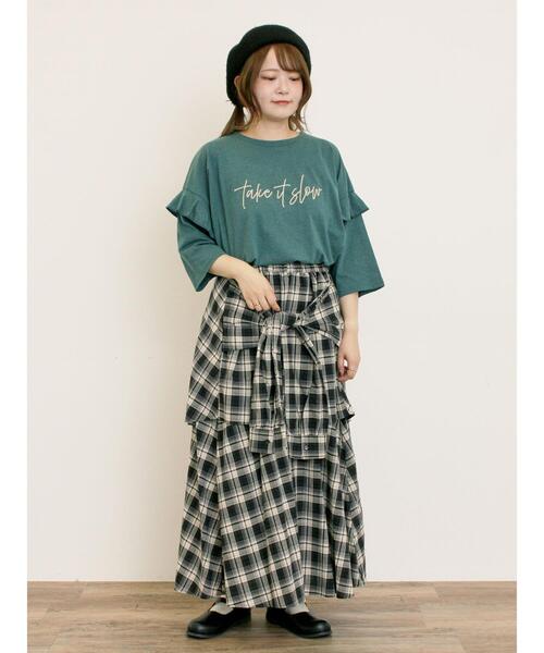 Samansa Mos2（サマンサ モスモス）の「[接触冷感]袖フリルロゴ刺繍Tシャツ（Tシャツ/カットソー・レディース・オレンジ/ダークブラウン/グリーン/グレー・F）」の7枚目の写真