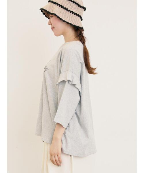 Samansa Mos2（サマンサ モスモス）の「[接触冷感]袖フリルロゴ刺繍Tシャツ（Tシャツ/カットソー・レディース・オレンジ/ダークブラウン/グリーン/グレー・F）」の9枚目の写真