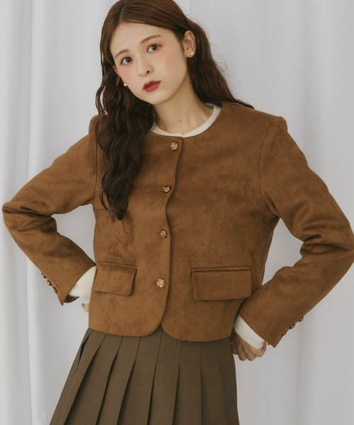 セール】ベルベットスエードライクショートジャケット（ノーカラー