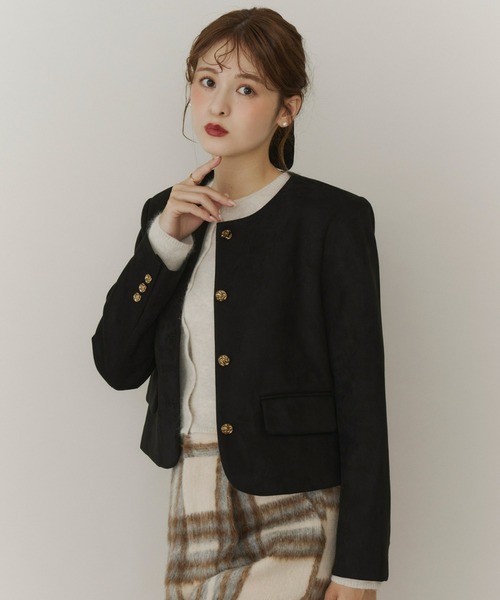 Olu.(オルドット)の「ベルベットスエードライクショートジャケット(ノーカラージャケット・レディース・ブラック/ブラウン・FREE)」の1枚目の写真