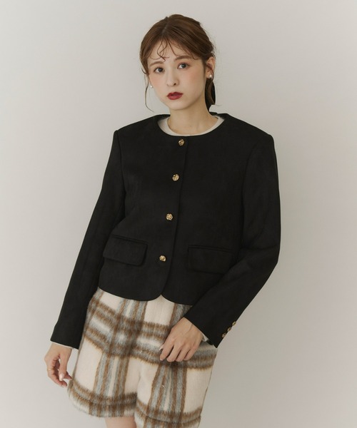 Olu.(オルドット)の「ベルベットスエードライクショートジャケット(ノーカラージャケット・レディース・ブラック/ブラウン・FREE)」の10枚目の写真