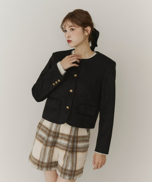 Olu.(オルドット)の「ベルベットスエードライクショートジャケット(ノーカラージャケット・レディース・ブラック/ブラウン・FREE)」の11枚目の写真