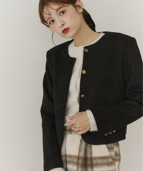 Olu.(オルドット)の「ベルベットスエードライクショートジャケット(ノーカラージャケット・レディース・ブラック/ブラウン・FREE)」の9枚目の写真