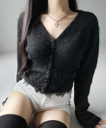 レースドッキングモヘアライクニットカーディガン ／ Lace docking mohair-like knit cardigan
