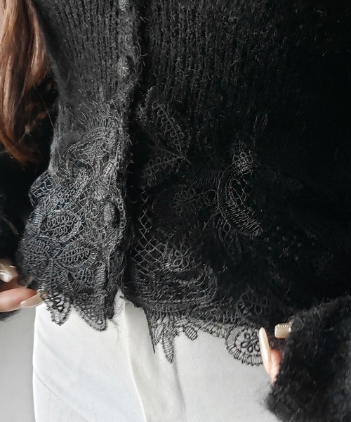 me+em select(ミームセレクト)の「レースドッキングモヘアライクニットカーディガン / Lace docking mohair-like knit cardigan(カーディガン/ボレロ・レディース・ブラック/グレー・FREE)」の17枚目の写真
