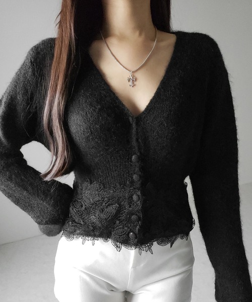 me+em select(ミームセレクト)の「レースドッキングモヘアライクニットカーディガン / Lace docking mohair-like knit cardigan(カーディガン/ボレロ・レディース・ブラック/グレー・FREE)」の18枚目の写真