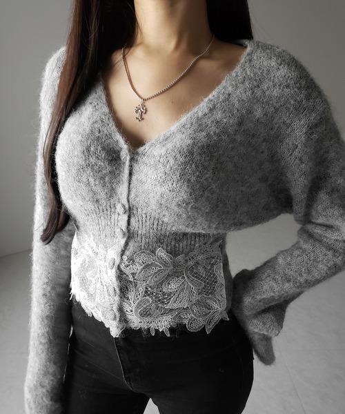 me+em select(ミームセレクト)の「レースドッキングモヘアライクニットカーディガン / Lace docking mohair-like knit cardigan(カーディガン/ボレロ・レディース・ブラック/グレー・FREE)」の10枚目の写真