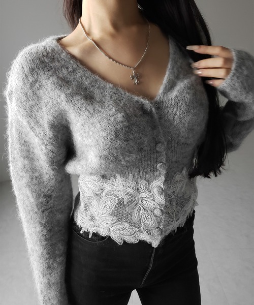 me+em select(ミームセレクト)の「レースドッキングモヘアライクニットカーディガン / Lace docking mohair-like knit cardigan(カーディガン/ボレロ・レディース・ブラック/グレー・FREE)」の12枚目の写真