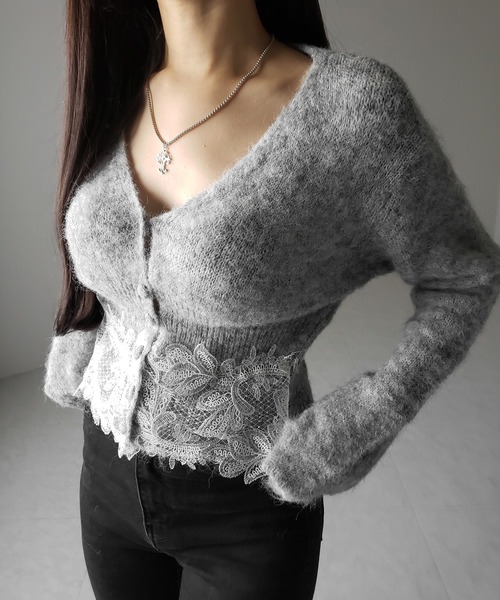 me+em select(ミームセレクト)の「レースドッキングモヘアライクニットカーディガン / Lace docking mohair-like knit cardigan(カーディガン/ボレロ・レディース・ブラック/グレー・FREE)」の13枚目の写真
