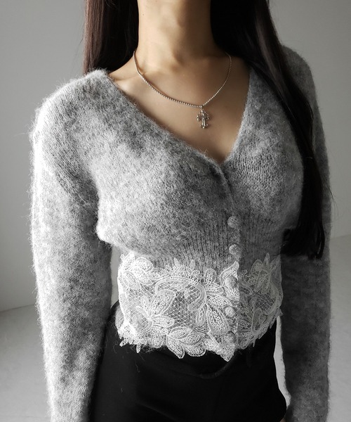 me+em select(ミームセレクト)の「レースドッキングモヘアライクニットカーディガン / Lace docking mohair-like knit cardigan(カーディガン/ボレロ・レディース・ブラック/グレー・FREE)」の16枚目の写真