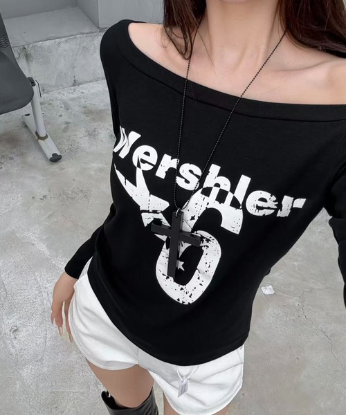 Sibra(シブラ)の「短袖人気モデル継承 斜め&オフショル2WAY◎ヴィンテージプリントロングTシャツ(全4色)(Tシャツ/カットソー・レディース・ブラック/グレー/ホワイト/ネイビー・M)」の3枚目の写真