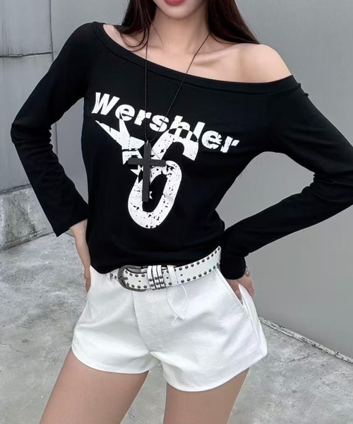 Sibra(シブラ)の「短袖人気モデル継承 斜め&オフショル2WAY◎ヴィンテージプリントロングTシャツ(全4色)(Tシャツ/カットソー・レディース・ブラック/グレー/ホワイト/ネイビー・M)」の10枚目の写真