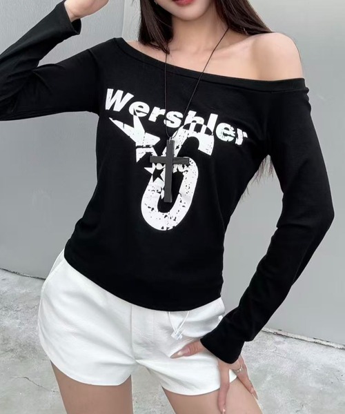 Sibra(シブラ)の「短袖人気モデル継承 斜め&オフショル2WAY◎ヴィンテージプリントロングTシャツ(全4色)(Tシャツ/カットソー・レディース・ブラック/グレー/ホワイト/ネイビー・M)」の11枚目の写真