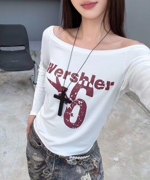 Sibra(シブラ)の「短袖人気モデル継承 斜め&オフショル2WAY◎ヴィンテージプリントロングTシャツ(全4色)(Tシャツ/カットソー・レディース・ブラック/グレー/ホワイト/ネイビー・M)」の15枚目の写真