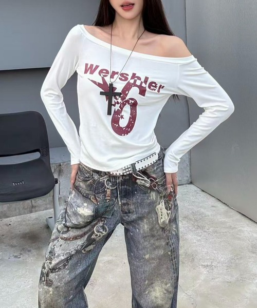 Sibra(シブラ)の「短袖人気モデル継承 斜め&オフショル2WAY◎ヴィンテージプリントロングTシャツ(全4色)(Tシャツ/カットソー・レディース・ブラック/グレー/ホワイト/ネイビー・M)」の16枚目の写真