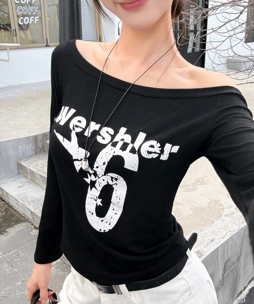 Sibra(シブラ)の「短袖人気モデル継承 斜め&オフショル2WAY◎ヴィンテージプリントロングTシャツ(全4色)(Tシャツ/カットソー・レディース・ブラック/グレー/ホワイト/ネイビー・M)」の13枚目の写真