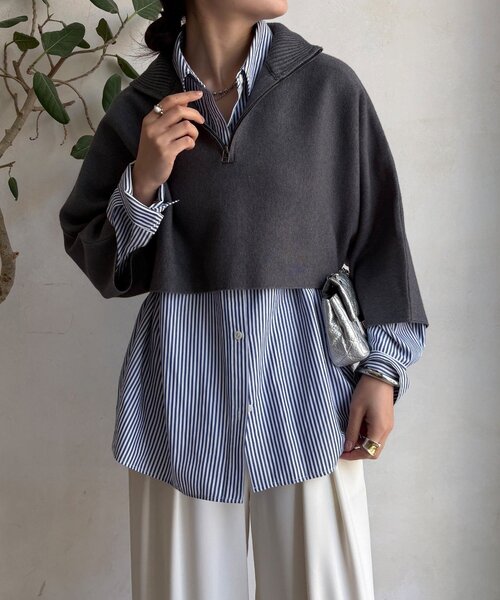 DouDou（ドゥドゥ）の「【WEB限定】フロントファースナープルオーバー＋リブニットワンピースセット（セットアップ・レディース・ブラック/チャコールグレー/キャメル・FREE）」の4枚目の写真