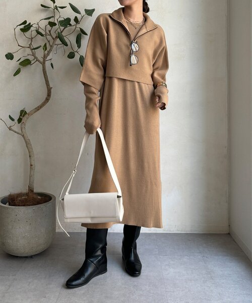 DouDou（ドゥドゥ）の「【WEB限定】フロントファースナープルオーバー＋リブニットワンピースセット（セットアップ・レディース・ブラック/チャコールグレー/キャメル・FREE）」の7枚目の写真