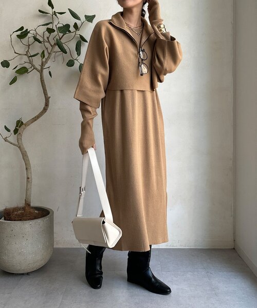 DouDou（ドゥドゥ）の「【WEB限定】フロントファースナープルオーバー＋リブニットワンピースセット（セットアップ・レディース・ブラック/チャコールグレー/キャメル・FREE）」の8枚目の写真