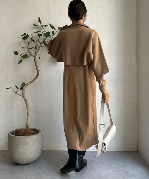 DouDou（ドゥドゥ）の「【WEB限定】フロントファースナープルオーバー＋リブニットワンピースセット（セットアップ・レディース・ブラック/チャコールグレー/キャメル・FREE）」の9枚目の写真