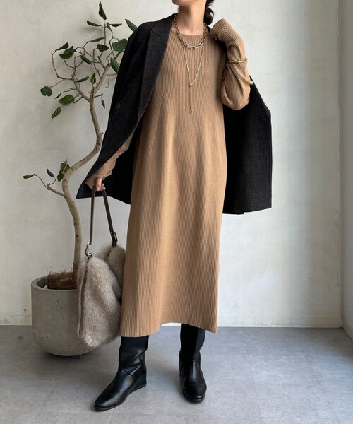 DouDou（ドゥドゥ）の「【WEB限定】フロントファースナープルオーバー＋リブニットワンピースセット（セットアップ・レディース・ブラック/チャコールグレー/キャメル・FREE）」の11枚目の写真