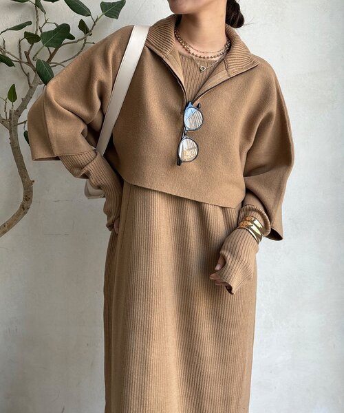 DouDou（ドゥドゥ）の「【WEB限定】フロントファースナープルオーバー＋リブニットワンピースセット（セットアップ・レディース・ブラック/チャコールグレー/キャメル・FREE）」の12枚目の写真