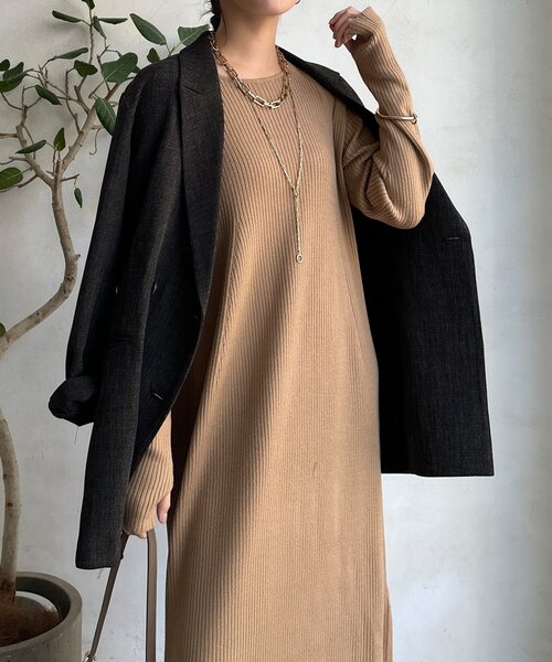 DouDou（ドゥドゥ）の「【WEB限定】フロントファースナープルオーバー＋リブニットワンピースセット（セットアップ・レディース・ブラック/チャコールグレー/キャメル・FREE）」の14枚目の写真