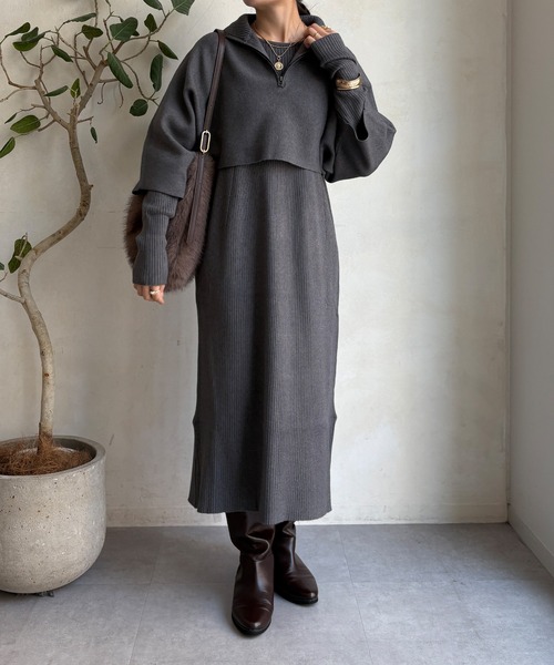 DouDou（ドゥドゥ）の「【WEB限定】フロントファースナープルオーバー＋リブニットワンピースセット（セットアップ・レディース・ブラック/チャコールグレー/キャメル・FREE）」の3枚目の写真