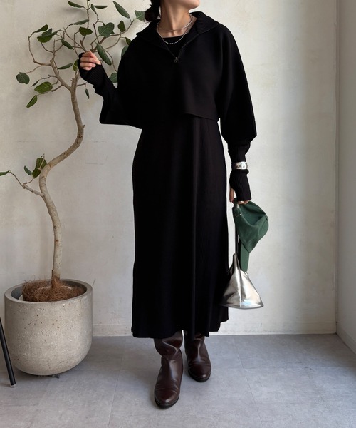 DouDou（ドゥドゥ）の「【WEB限定】フロントファースナープルオーバー＋リブニットワンピースセット（セットアップ・レディース・ブラック/チャコールグレー/キャメル・FREE）」の2枚目の写真