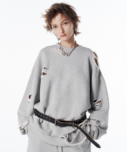 JOSE MOON（ジョゼムーン）の「MOCHI DAMEGE SWEAT/モチダメージスウェット（スウェット・レディース・ライトグレー/ダークブラウン・FREE）」の2枚目の写真