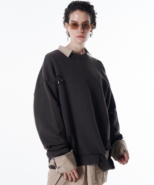 JOSE MOON（ジョゼムーン）の「MOCHI DAMEGE SWEAT/モチダメージスウェット（スウェット・レディース・ライトグレー/ダークブラウン・FREE）」の3枚目の写真