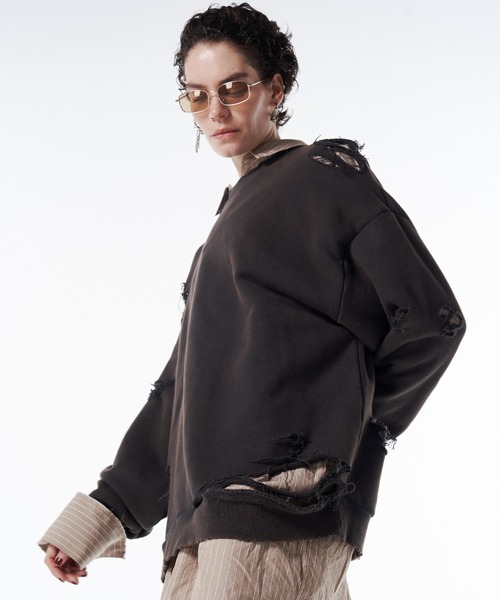 JOSE MOON（ジョゼムーン）の「MOCHI DAMEGE SWEAT/モチダメージスウェット（スウェット・レディース・ライトグレー/ダークブラウン・FREE）」の4枚目の写真