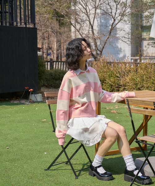 THE GREEN LAB（ザグリーンラボ）の「ストライプラグビーカラー スウェット [クロップフィット, ピンク]（スウェット・レディース・その他・SMALL）」の2枚目の写真