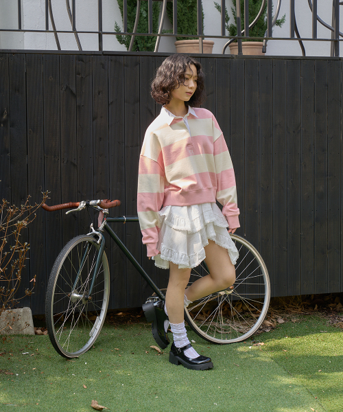 THE GREEN LAB（ザグリーンラボ）の「ストライプラグビーカラー スウェット [クロップフィット, ピンク]（スウェット・レディース・その他・SMALL）」の3枚目の写真