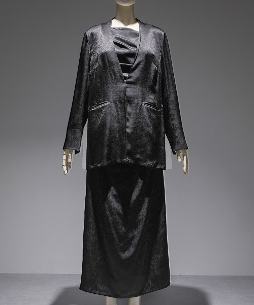 Callarus（カラルス）の「アシメドレープクラッシュサテンキャミワンピースアンサンブルドレス〔Callarus〕（ドレス・レディース・ブラック/グレー/ベージュ・M/L）」の8枚目の写真