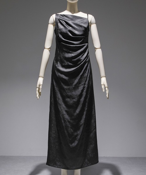 Callarus（カラルス）の「アシメドレープクラッシュサテンキャミワンピースアンサンブルドレス〔Callarus〕（ドレス・レディース・ブラック/グレー/ベージュ・M/L）」の9枚目の写真