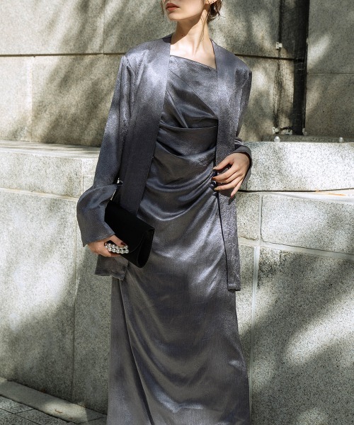 Callarus（カラルス）の「アシメドレープクラッシュサテンキャミワンピースアンサンブルドレス〔Callarus〕（ドレス・レディース・ブラック/グレー/ベージュ・M/L）」の10枚目の写真