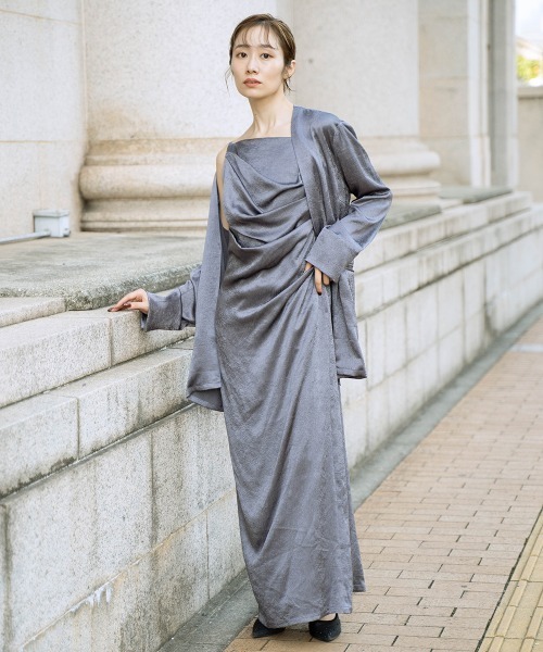 Callarus（カラルス）の「アシメドレープクラッシュサテンキャミワンピースアンサンブルドレス〔Callarus〕（ドレス・レディース・ブラック/グレー/ベージュ・M/L）」の20枚目の写真