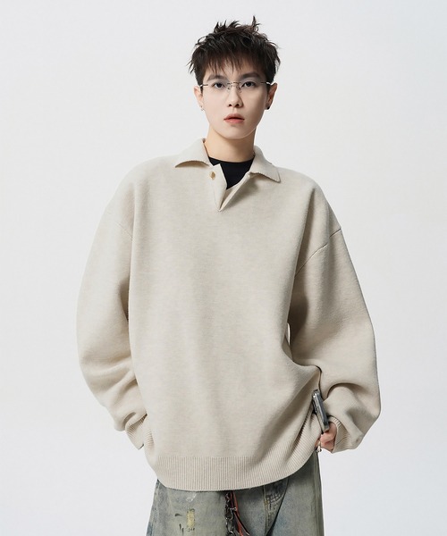 SBG(エスビー)の「SBG オーバーサイズ ニットポロ(ニット/セーター・メンズ・アイボリー/グレー・MEDIUM/LARGE)」の13枚目の写真
