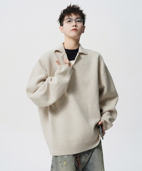 SBG(エスビー)の「SBG オーバーサイズ ニットポロ(ニット/セーター・メンズ・アイボリー/グレー・MEDIUM/LARGE)」の14枚目の写真