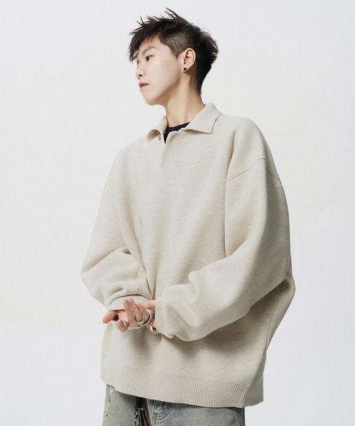 SBG(エスビー)の「SBG オーバーサイズ ニットポロ(ニット/セーター・メンズ・アイボリー/グレー・MEDIUM/LARGE)」の15枚目の写真