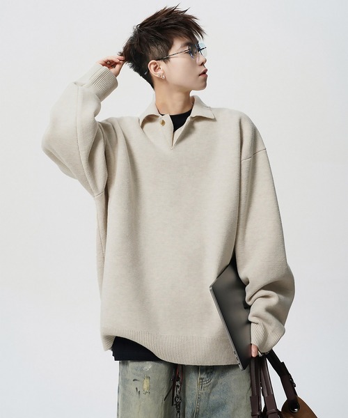 SBG(エスビー)の「SBG オーバーサイズ ニットポロ(ニット/セーター・メンズ・アイボリー/グレー・MEDIUM/LARGE)」の16枚目の写真