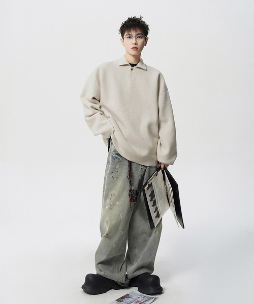 SBG(エスビー)の「SBG オーバーサイズ ニットポロ(ニット/セーター・メンズ・アイボリー/グレー・MEDIUM/LARGE)」の17枚目の写真