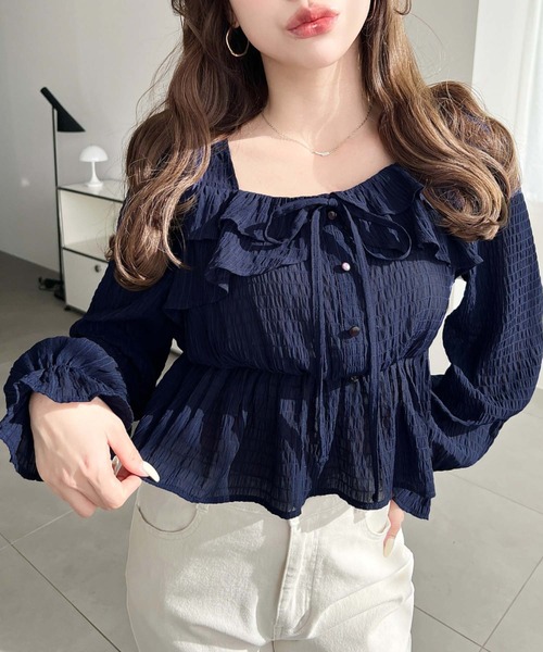アルマーニ シアーブラウス 長袖 フリルネック ペプラムトップス ブラック系 tageechita ブラウス シャツ 「tageechita」フリルネック シフォン