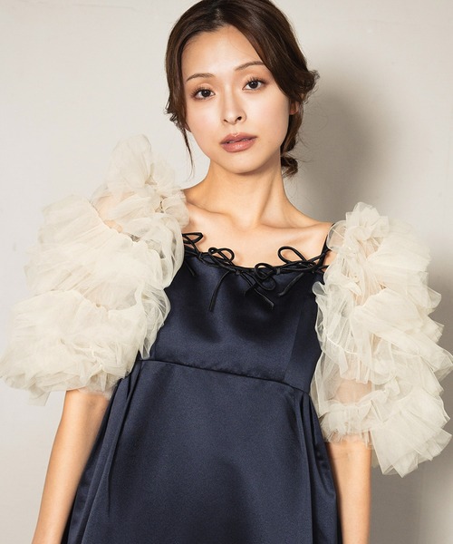 girl（ガール）の「ミキシングフリルボレロ チュール フリル ボリューム ショート丈 結婚式 お呼ばれ オケージョン パーティードレス 二次会 成人式 同窓会（カーディガン/ボレロ・レディース・ブラック/アイボリー/チャコールグレー・M/S）」の6枚目の写真